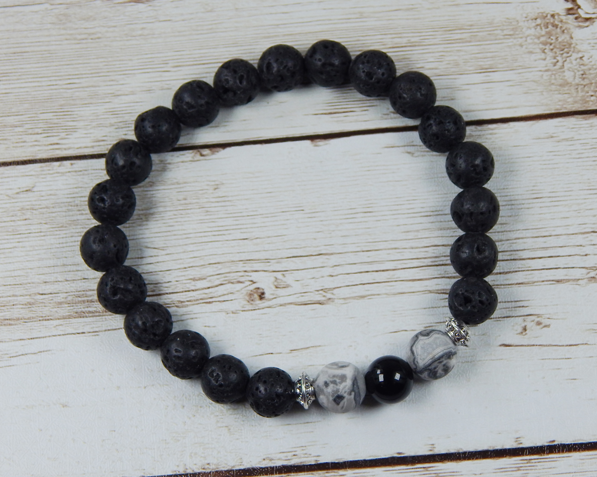 Lava Rock Men Beaded Bracelet 10mm with Sapphire Blue Glass Beads .925  Silver