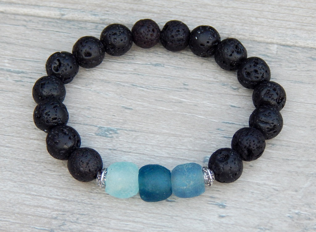 Lava Rock Men Beaded Bracelet 10mm with Sapphire Blue Glass Beads