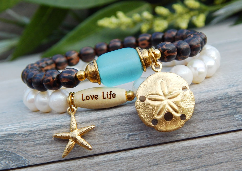 Mens Beach Bracelet with Palm Wood Beads and Turquoise Color