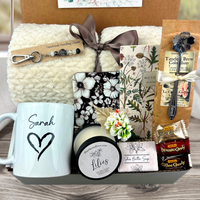 Retirement Gift Box with Blanket, personalized mug, engraved spoon, purse charm, coffee, candy, candle, notebook, soap and coaster in a heart designs