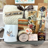 Retirement Gift Box with Blanket, personalized mug, engraved spoon, purse charm, coffee, candy, candle, notebook, soap and coaster in a natural tone designs