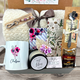 Retirement Gift Box with Blanket, personalized mug, engraved spoon, purse charm, coffee, candy, candle, notebook, soap and coaster in a purple flower design