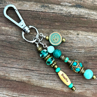 Blue yoga purse charm with gemstones, and yoga themed beads. Gift for yogi