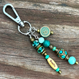 Blue yoga purse charm with gemstones, and yoga themed beads. Gift for yogi